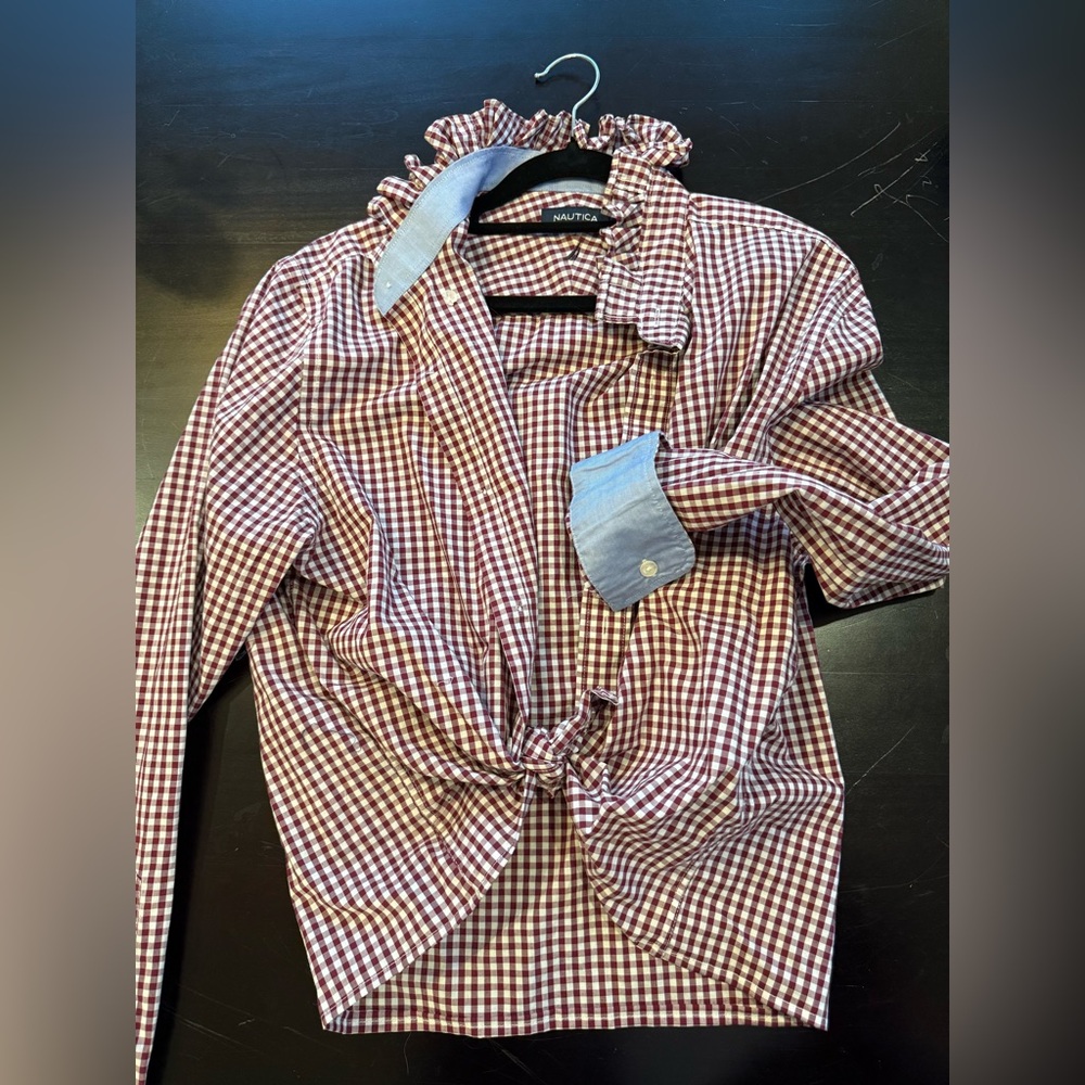 One of a kind upcycled shirt with ruffle collar